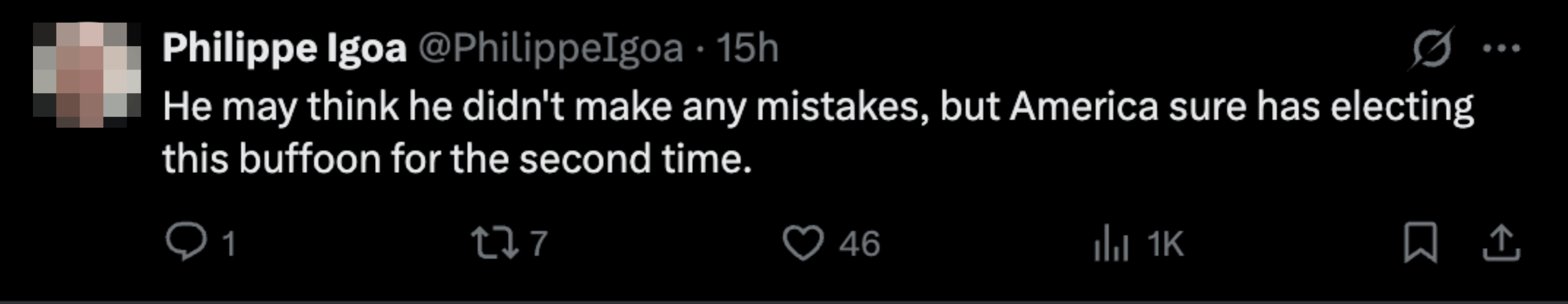 Tweet criticizing a U.S. political figure's re-election, calling them a "buffoon."