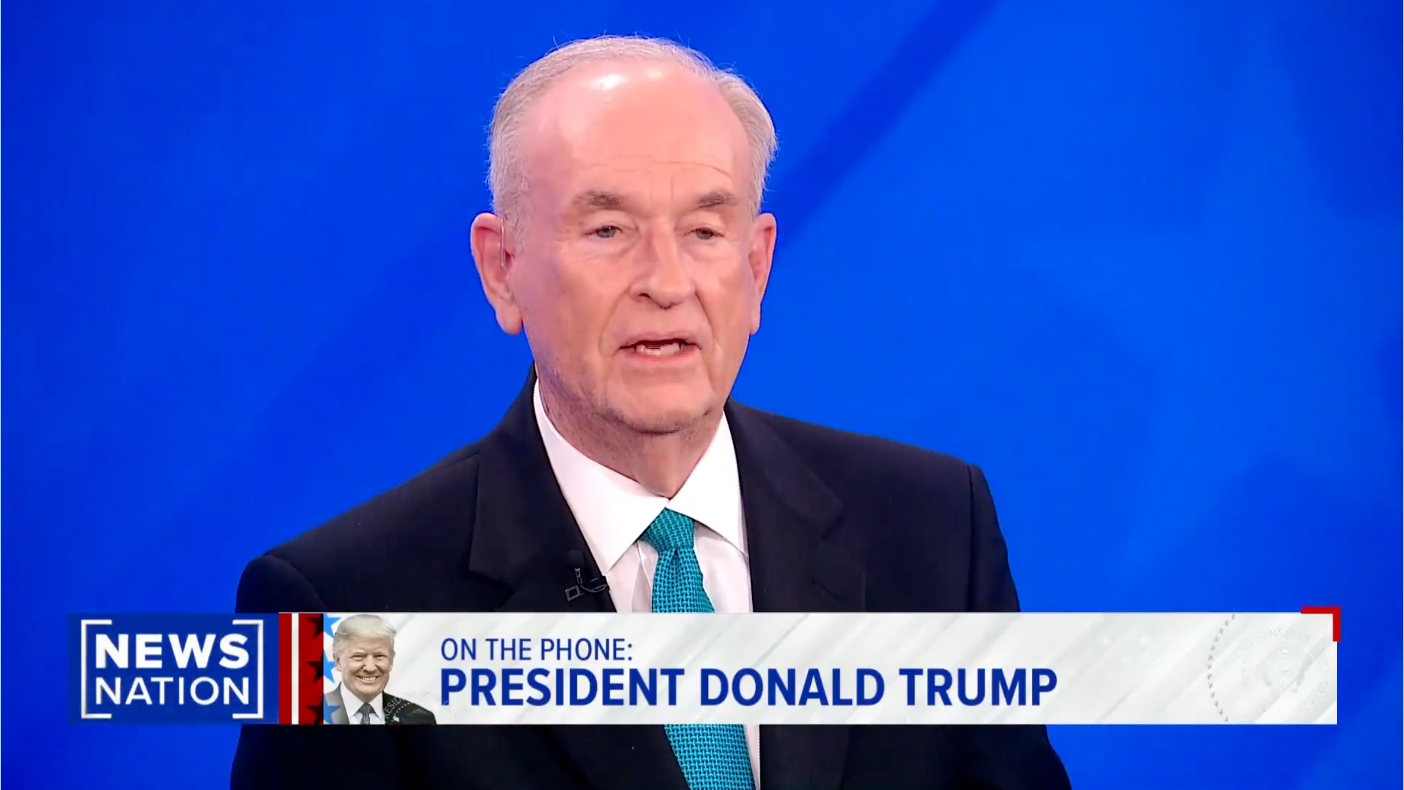Bill O'Reilly in a suit and teal tie speaks on a TV news show. The text banner reads: "On the phone: President Donald Trump"