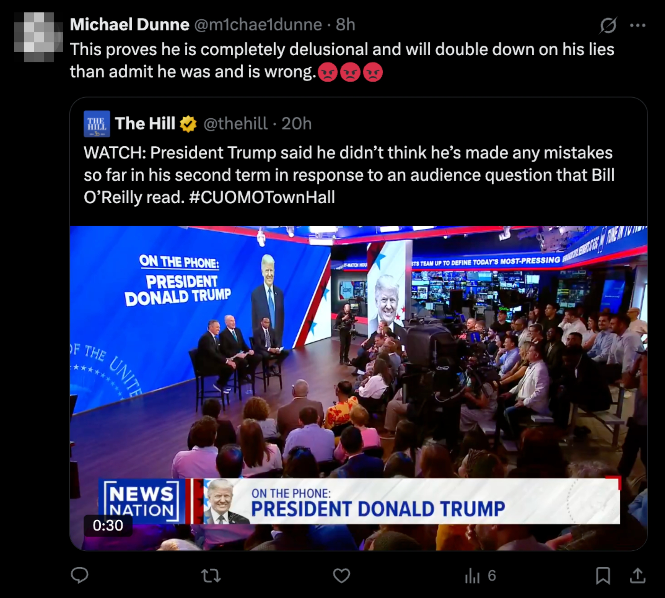 Screenshot of a Twitter post with a news clip about Donald Trump discussing his second term, followed by a user's critical comment