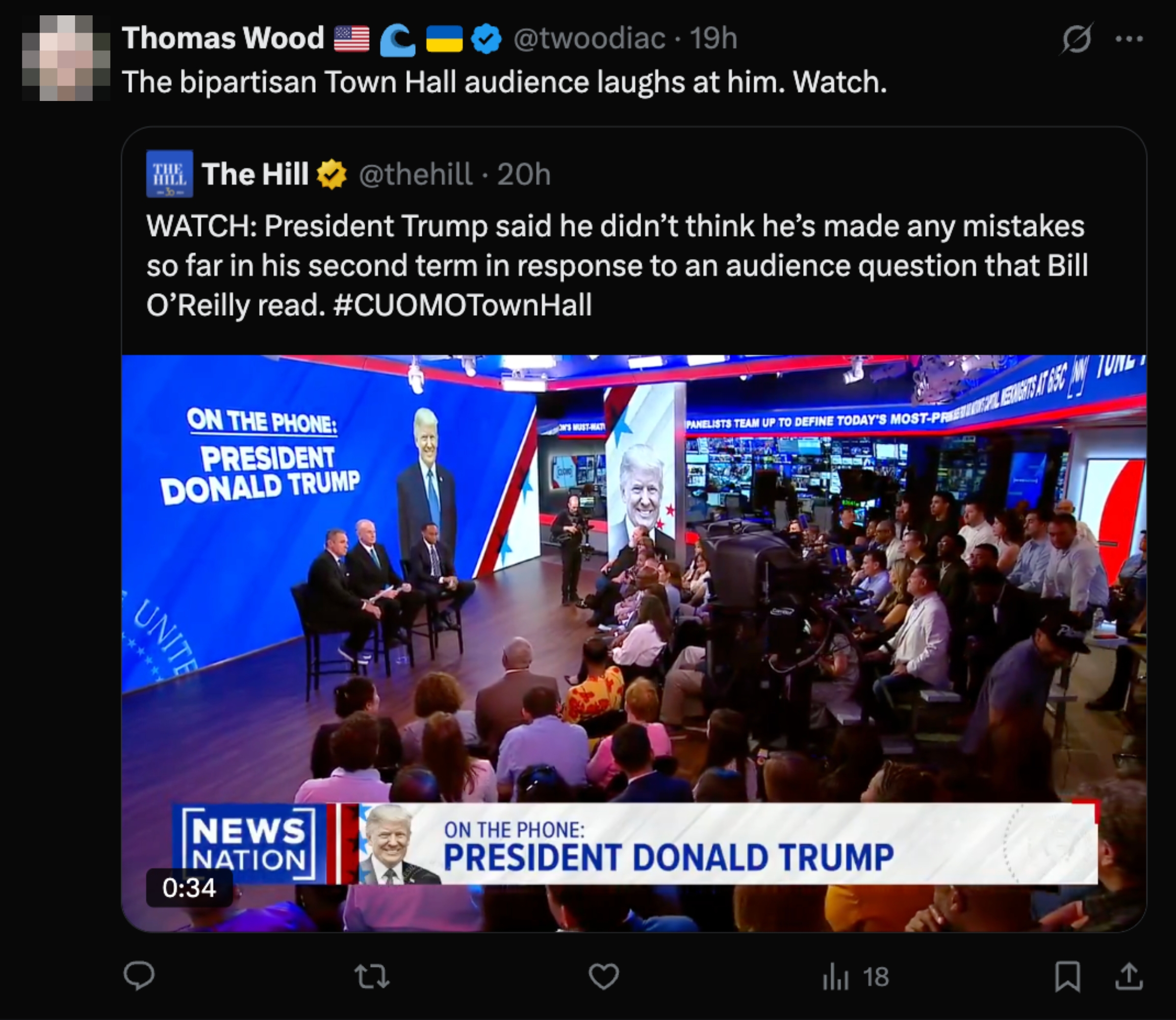 Tweet about a town hall event featuring Donald Trump on a video call, with an audience watching
