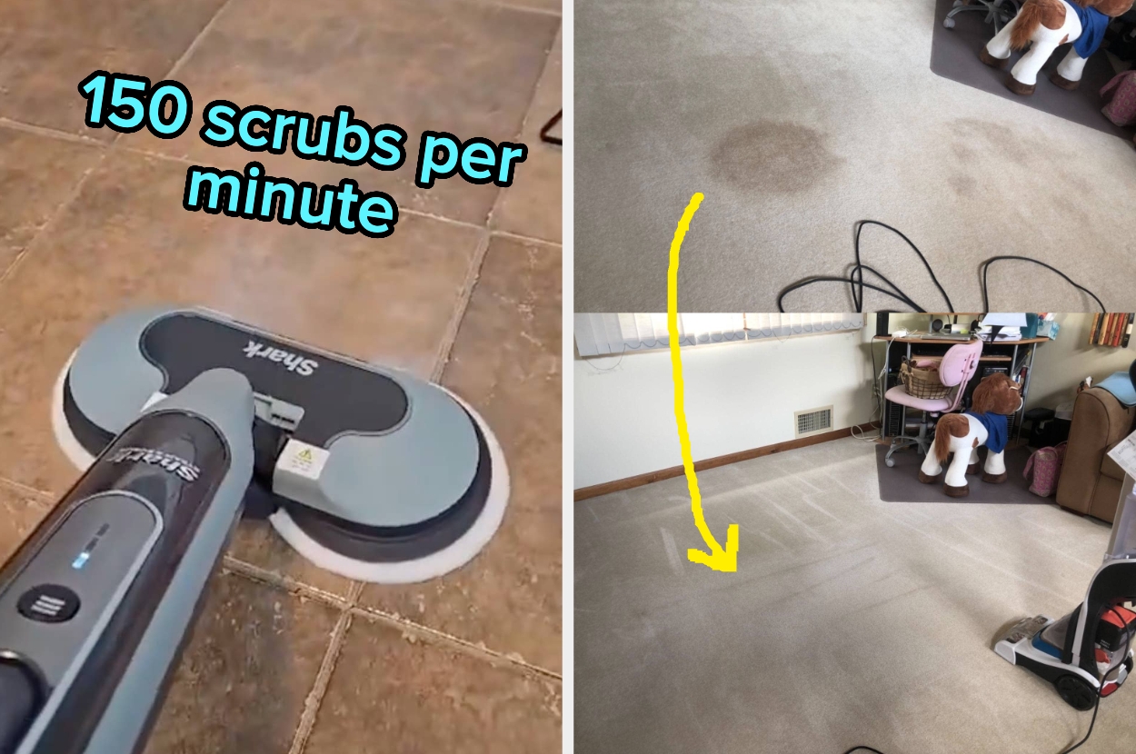 Split image: Left shows a floor scrubber cleaning a tile floor. Right shows a carpet before and after cleaning, highlighting effectiveness