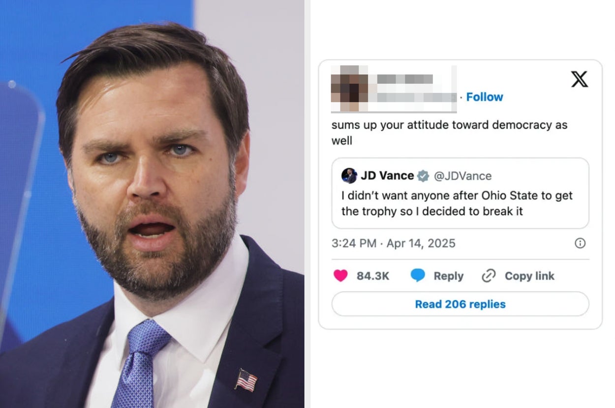 A man speaks at an event, next to a highlighted tweet about breaking a trophy after Ohio State wins, discussing attitudes toward democracy