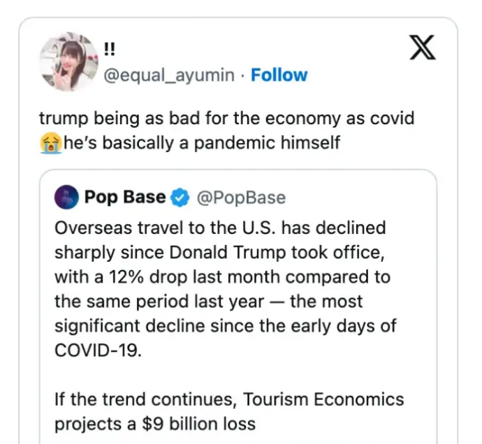 Tweet discussing the decline in U.S. overseas travel since Donald Trump took office, mentioning a projected $9 billion loss