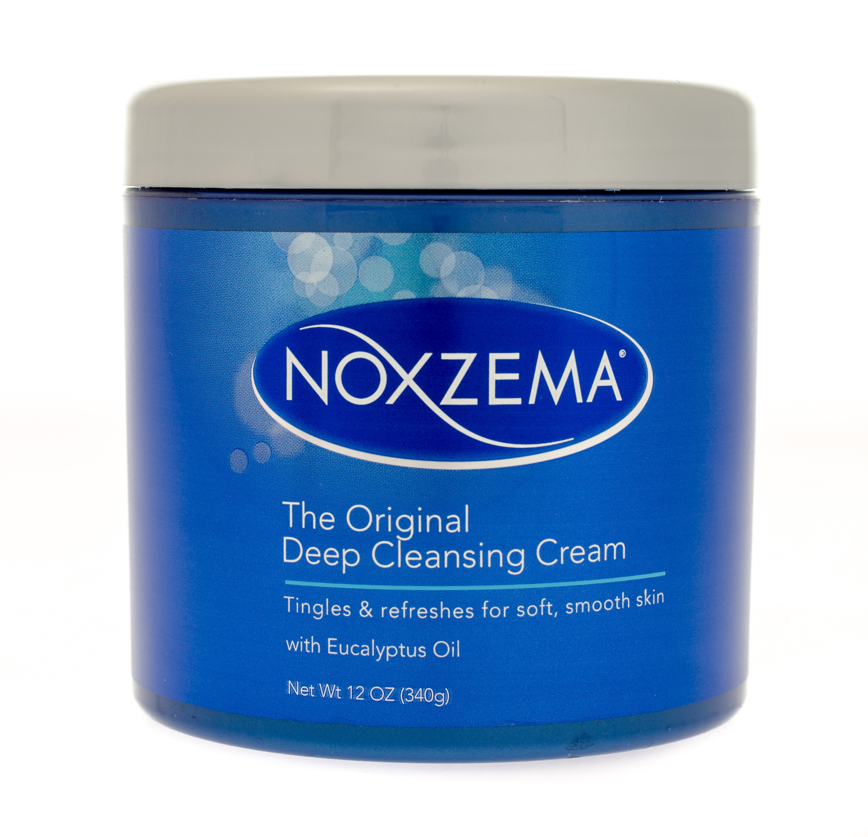 Noxzema Deep Cleansing Cream jar with eucalyptus oil, promises to tingle and refresh for soft, smooth skin. Net weight: 12 OZ (340 g)