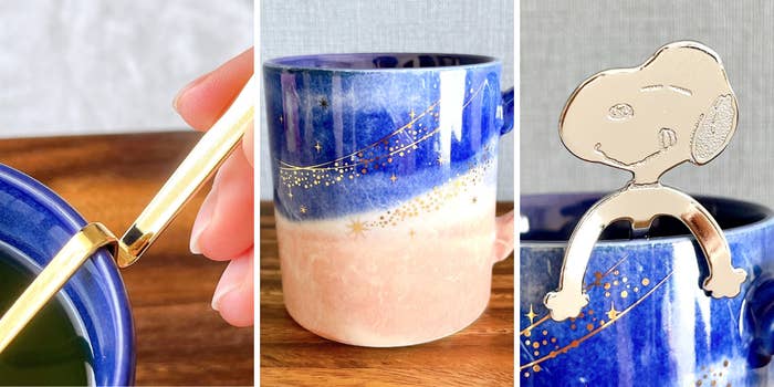 青いカップに金色のスプーンとスヌーピーのクリップが添えられている、星の装飾が見えるカップのコラージュ。