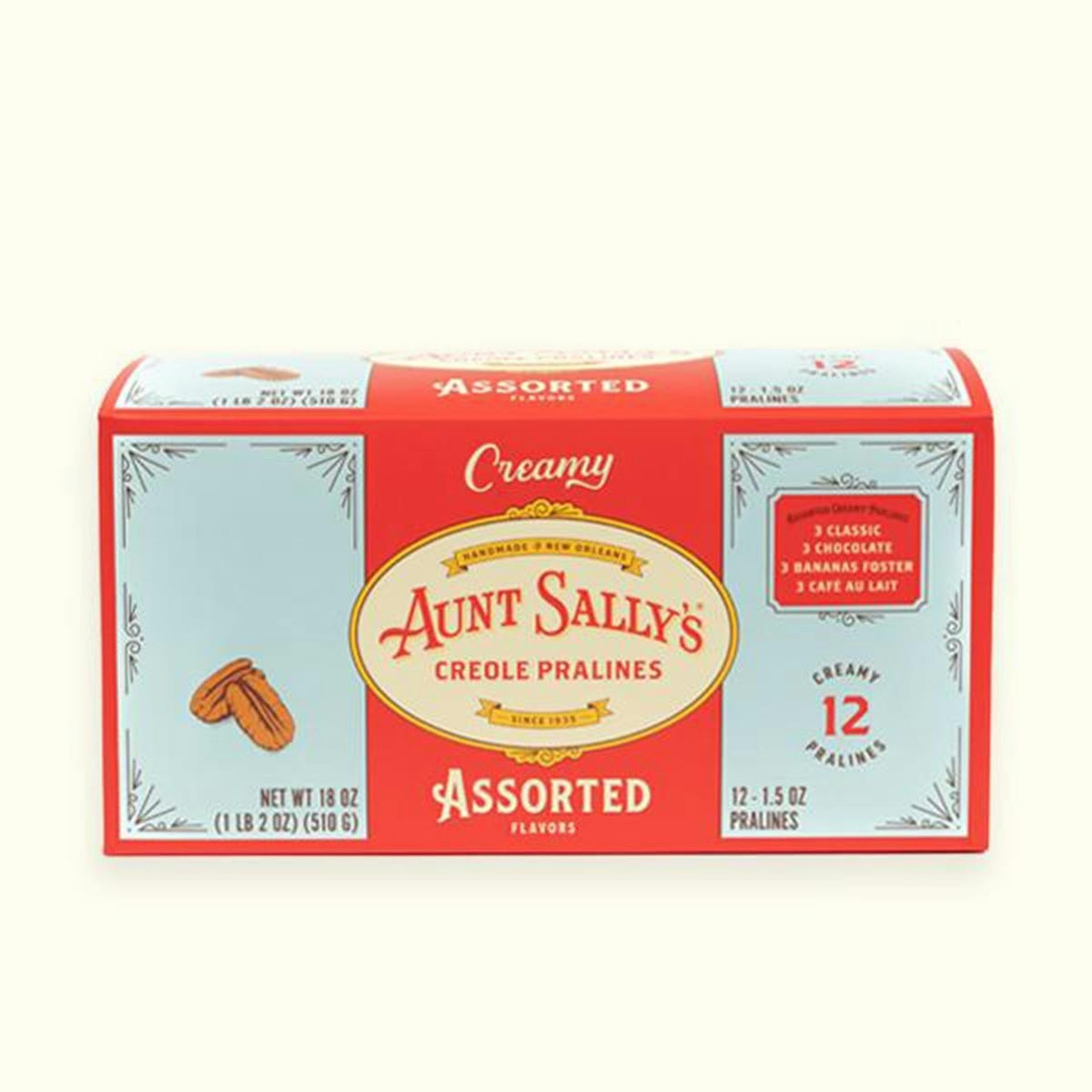 Box of Aunt Sally's Creamy Creole Pralines with assorted flavors including classic, chocolate, bananas foster, and café au lait