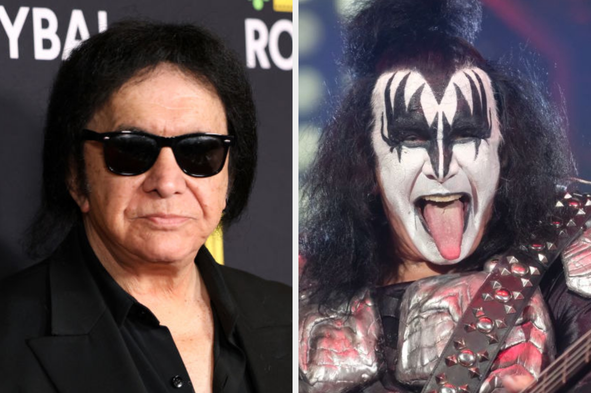 Two images. Left: Individual in suit and sunglasses. Right: Same individual in KISS makeup and stage costume with tongue out