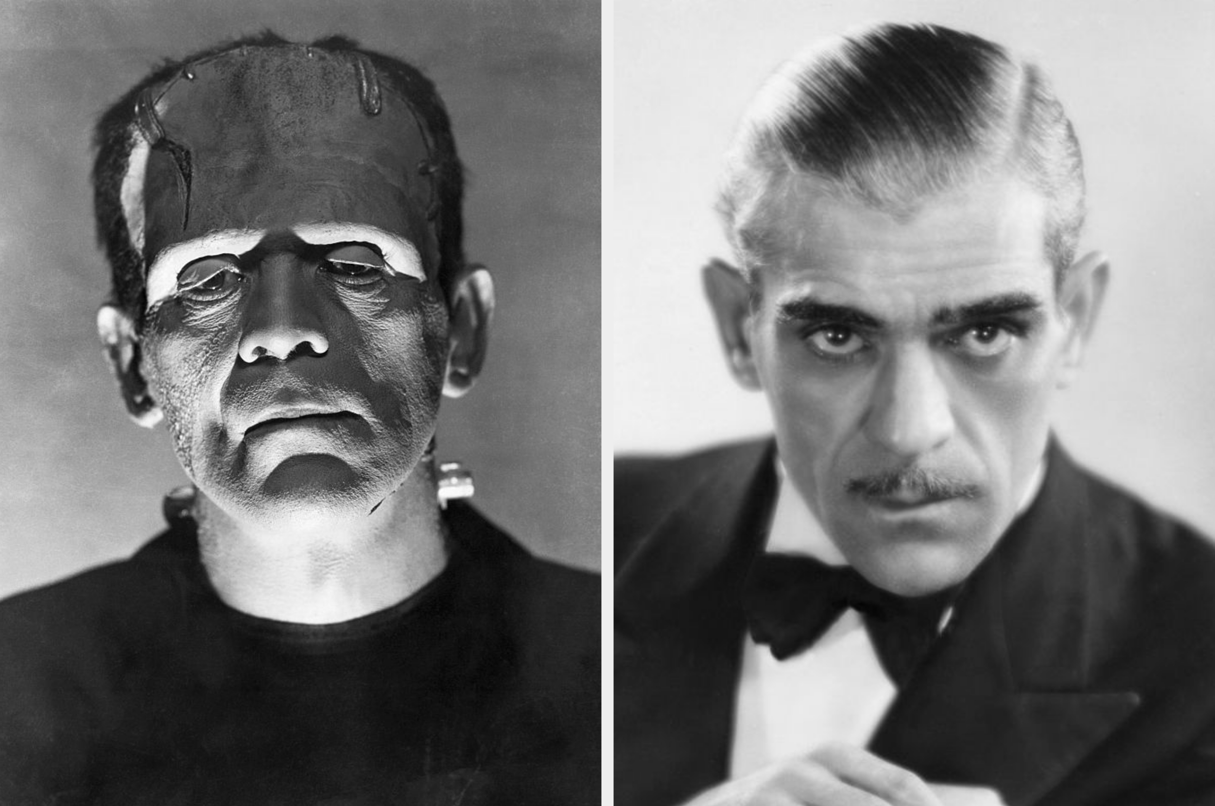 Left: Frankenstein monster in bolts and stitches makeup. Right: Man with slicked-back hair in a tuxedo and bow tie