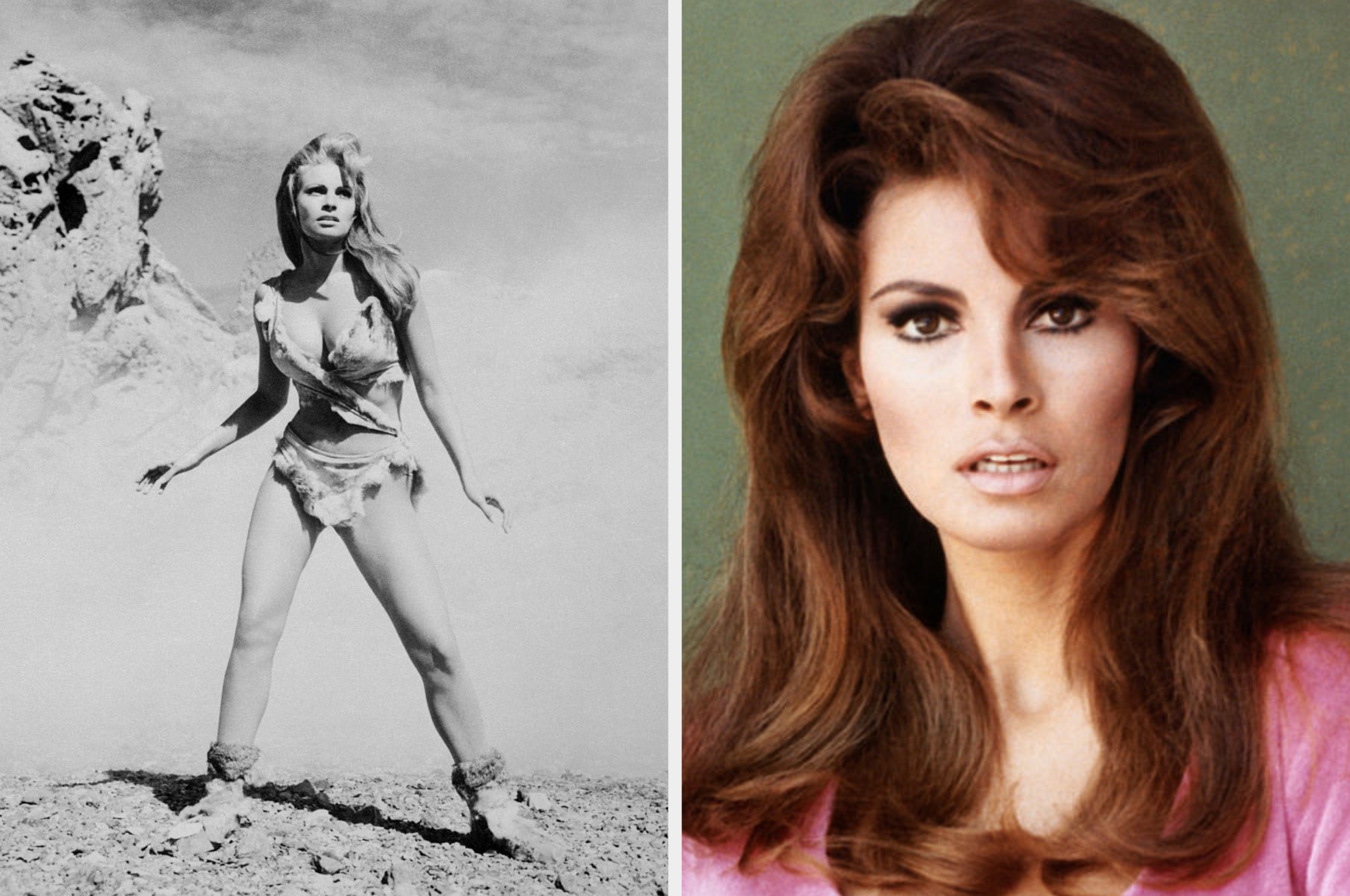 Left: A woman poses in a prehistoric-style outfit outdoors. Right: Close-up of the same woman with voluminous hair, wearing a fitted top