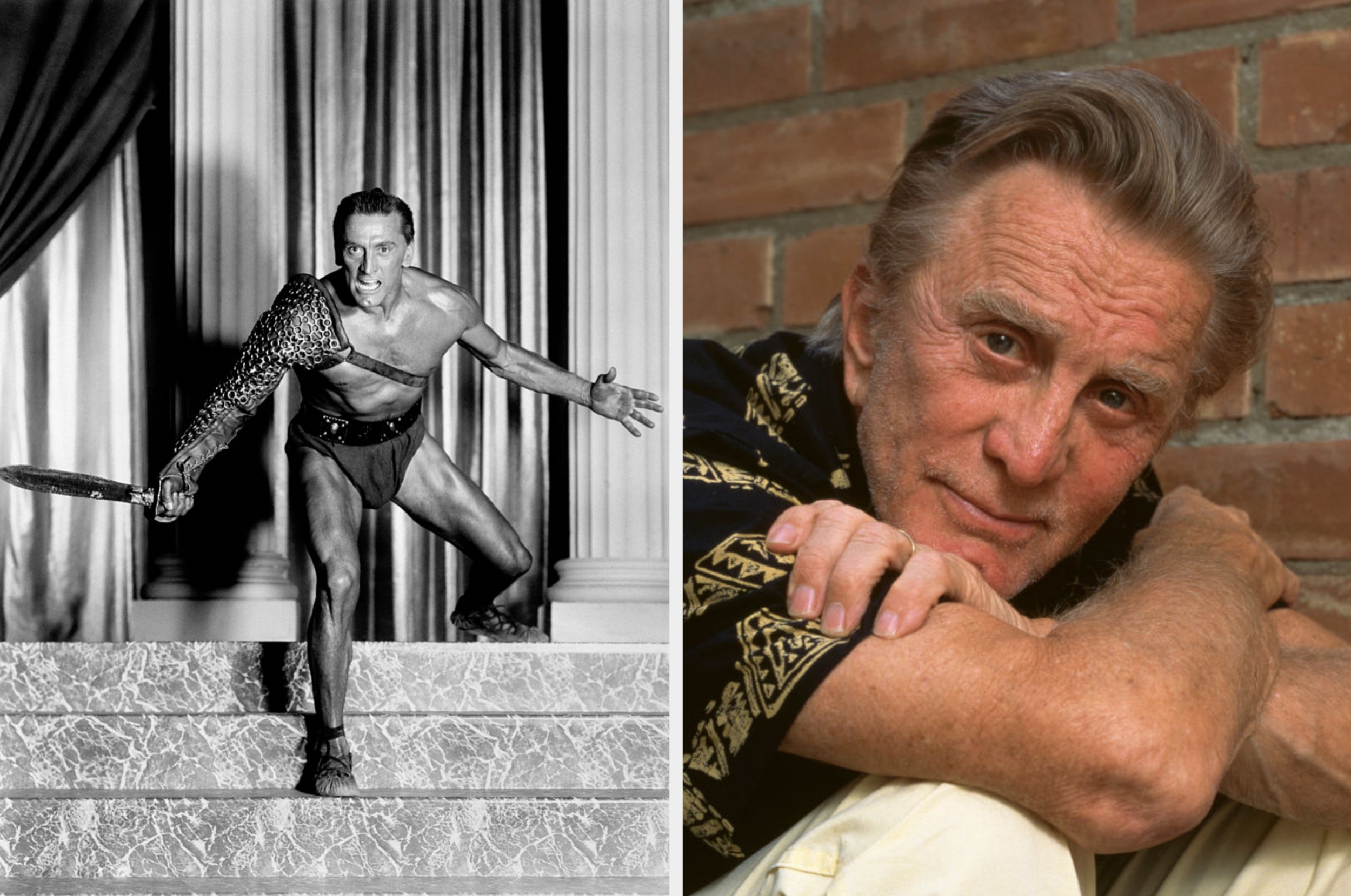 Left: Actor in a costume with a sword on stairs. Right: Older man with short hair, wearing a patterned shirt, resting on his hands