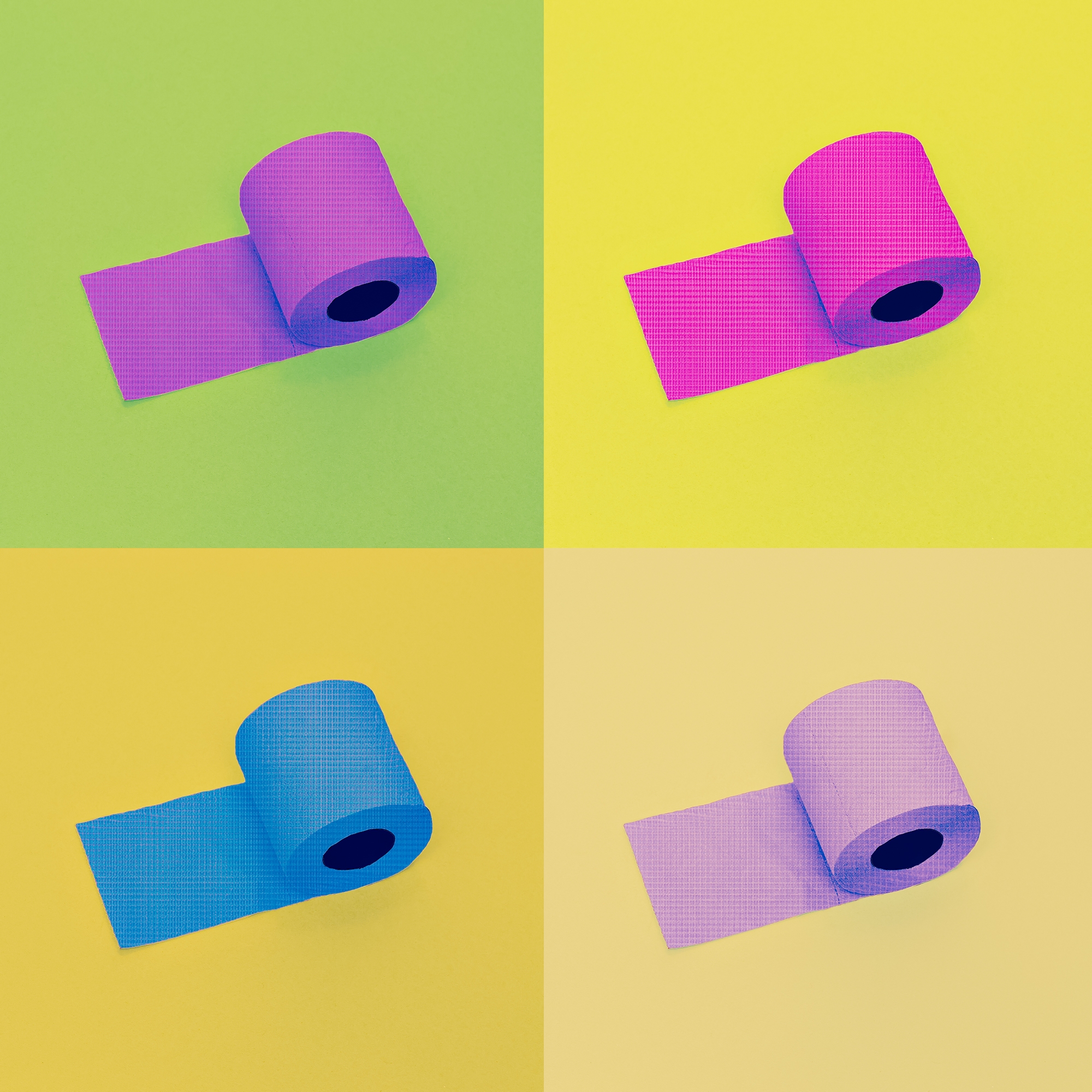 Four toilet paper rolls in pop art style, each in a different quadrant, with contrasting backgrounds and roll colors