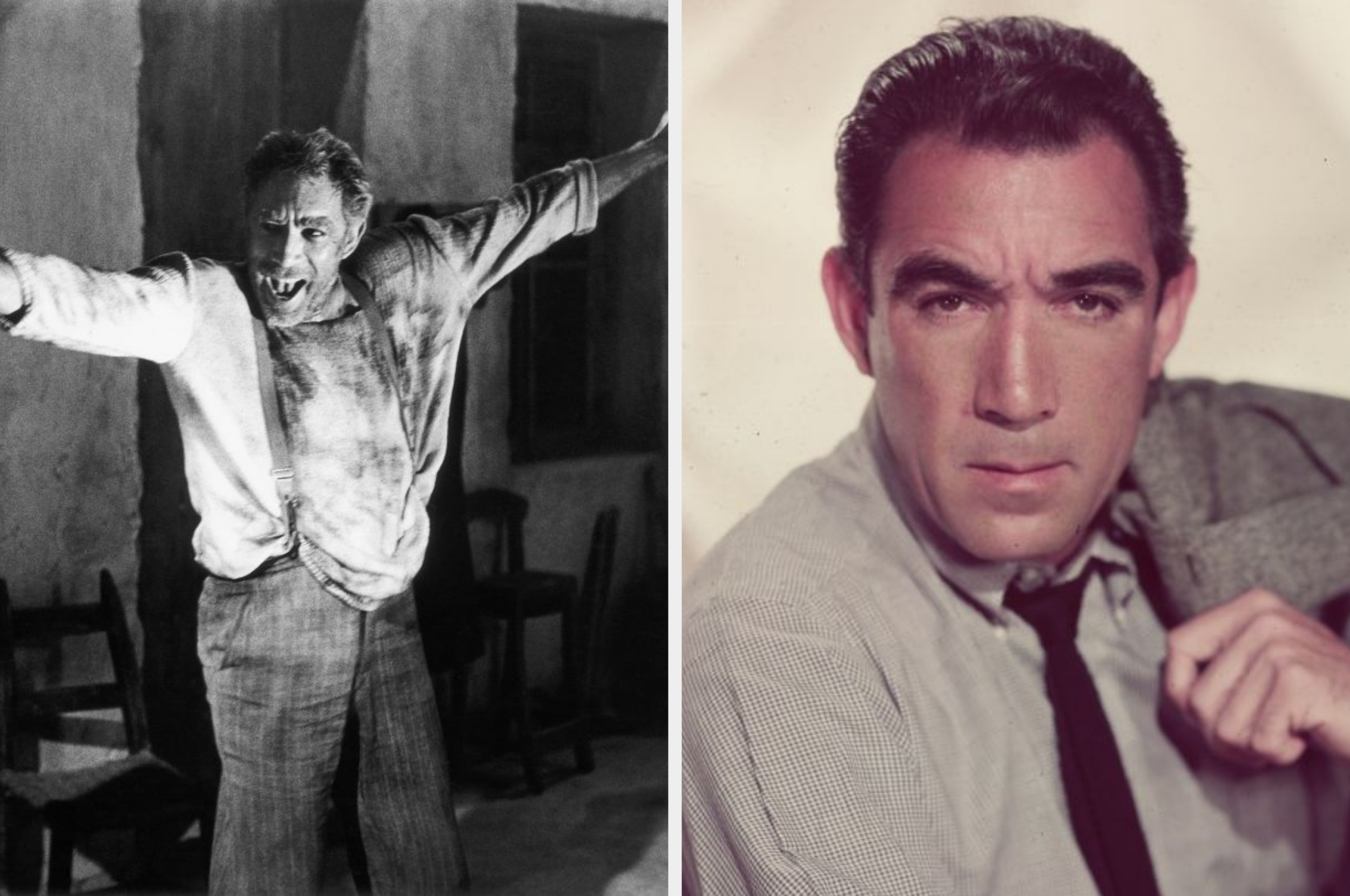 Two photos side by side: on the left, a person in an intense movie scene; on the right, the same person posing formally with a jacket over the shoulder
