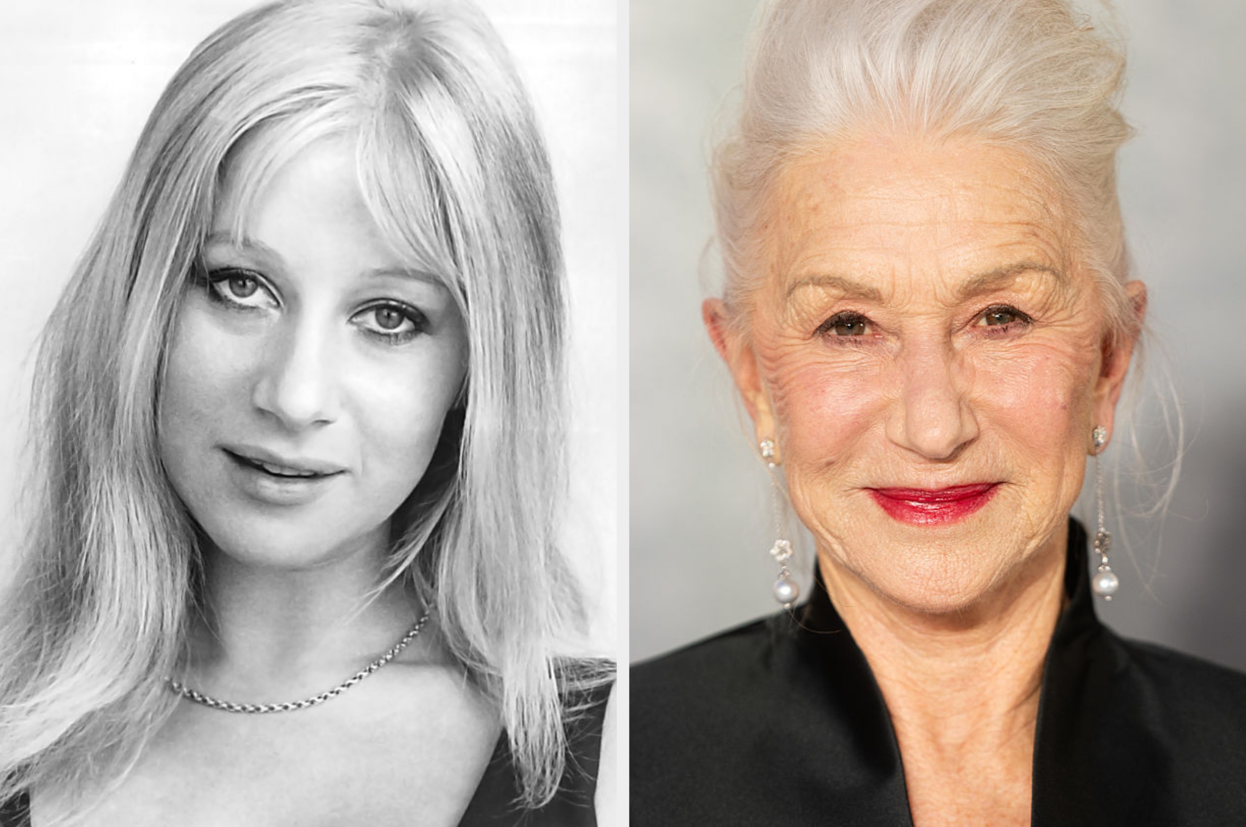 Split image: Left shows a woman in a vintage portrait, right shows the same woman older, wearing a black blazer and pearl earrings, smiling