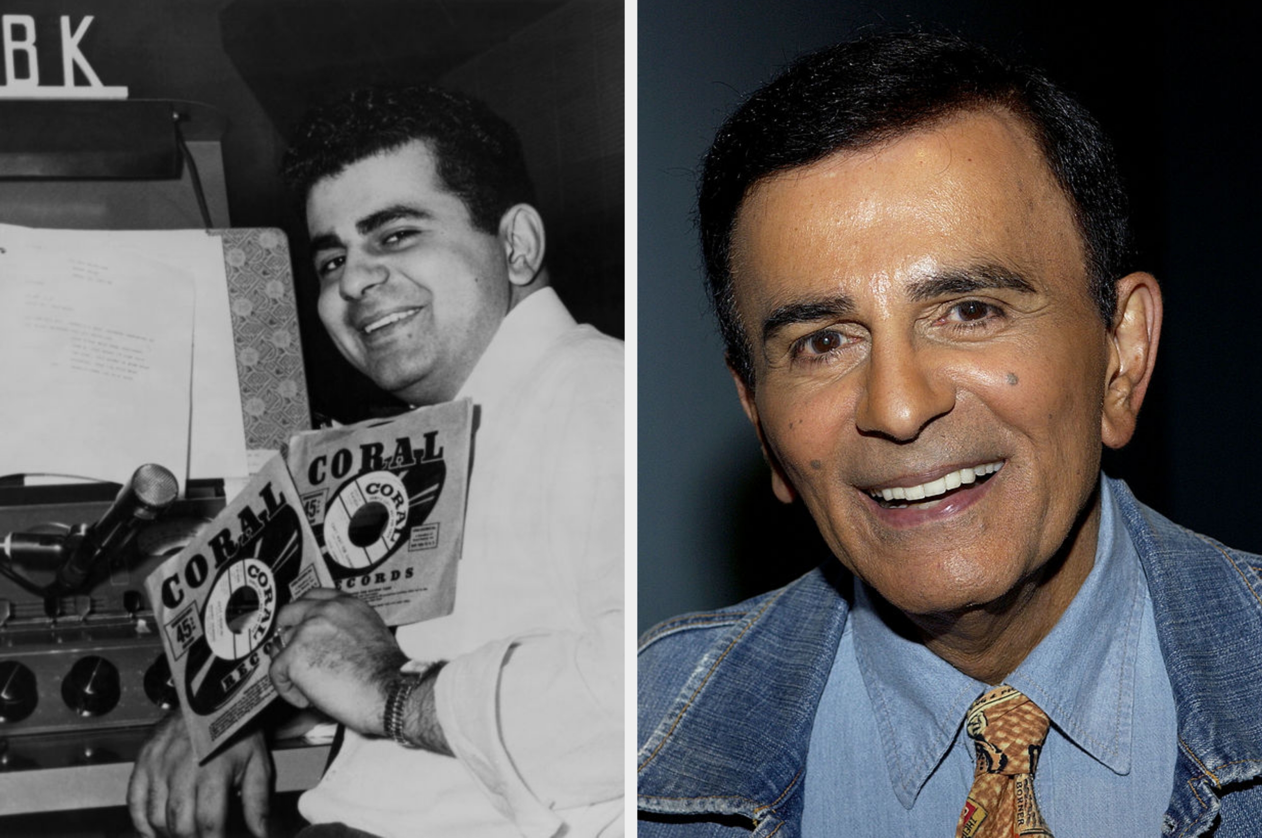 Two-image collage: Left, person holding records at a radio station. Right, same person smiling in a suit and denim jacket, years later