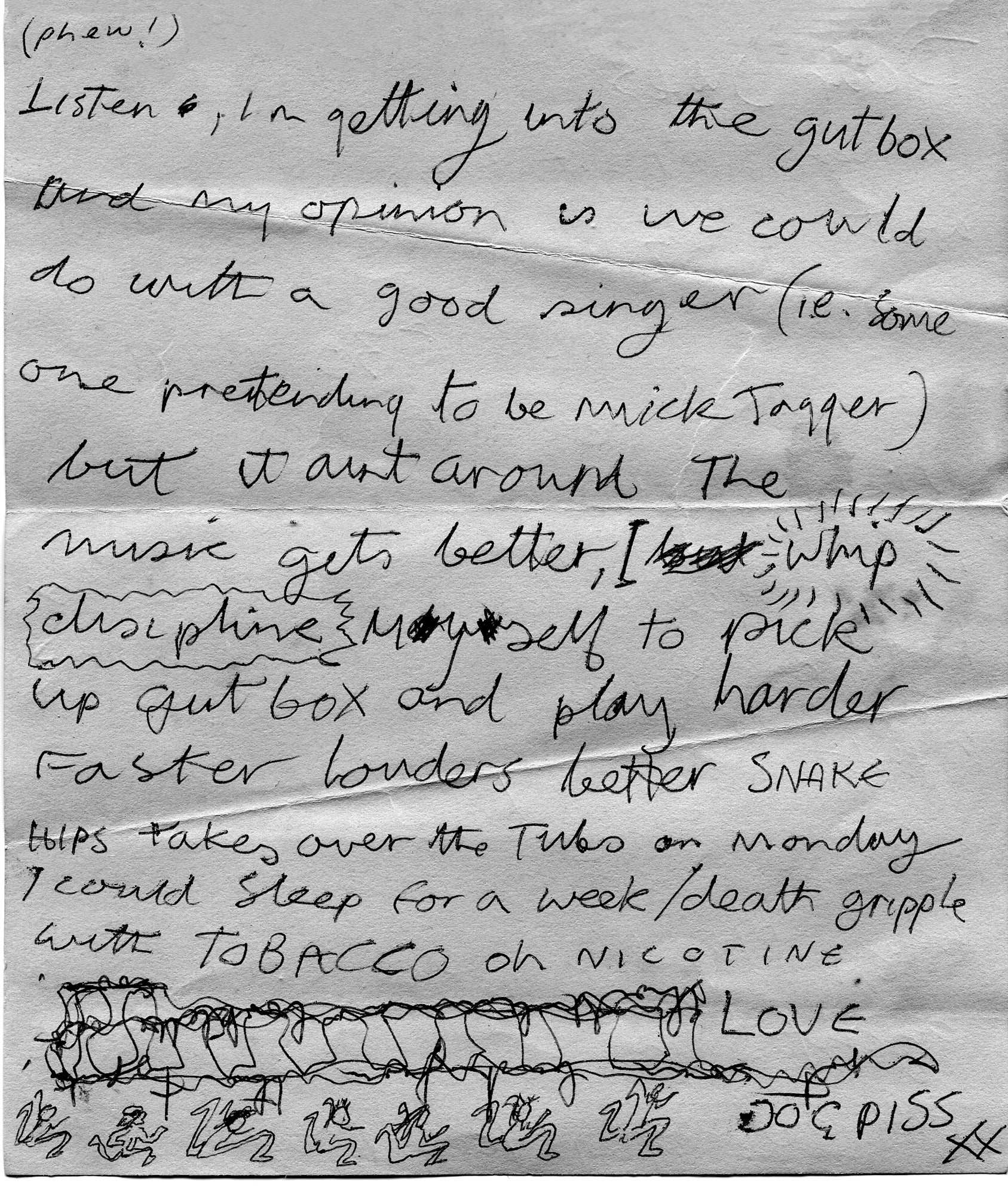 Handwritten draft of song lyrics discussing opinions on a good singer, tour bus life, and playing in London with a playful tone