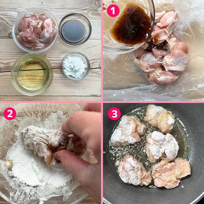 鶏肉に調味料を加え、片栗粉をまぶし、油で揚げる過程を示す料理ステップ写真。