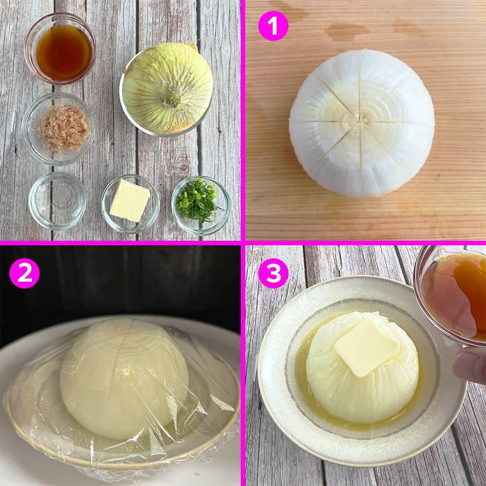 玉ねぎのレシピ手順。具材を準備し、玉ねぎをカットし、電子レンジで加熱後、バターをのせる。