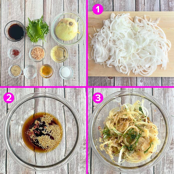 刻んだ玉ねぎの調理手順:材料、スライス、混ぜる、仕上げが順に示されています。