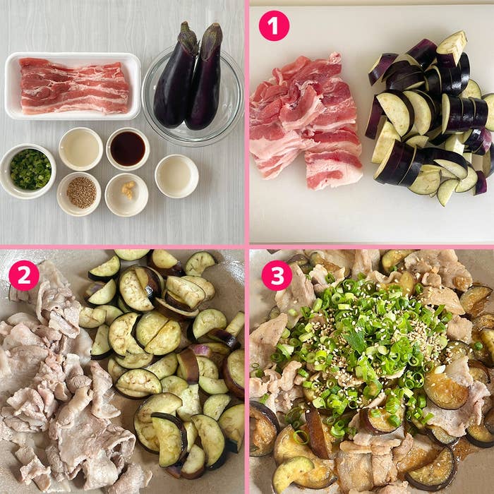豚肉とナスの料理手順が3ステップで示されています。1. 材料、2. 調理、3. 盛り付け。