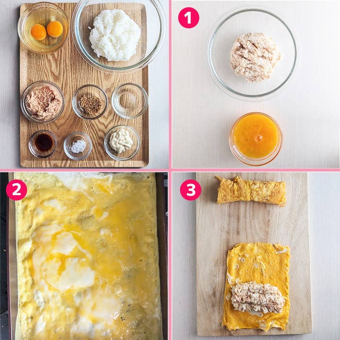 卵の調理プロセスを示す3つのステップ。1は材料の準備、2は卵焼き、3は米を卵で包む。
