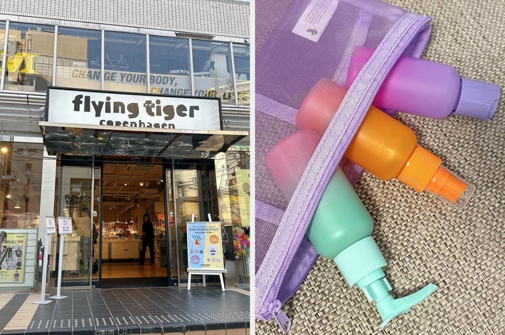 3色のボトルセット（緑、オレンジ、紫）が透明バッグに収納され、手に持たれている。バッグにはジッパー付き。