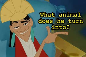Animated character in a headdress pointing with text asking, "What animal does he turn into?"