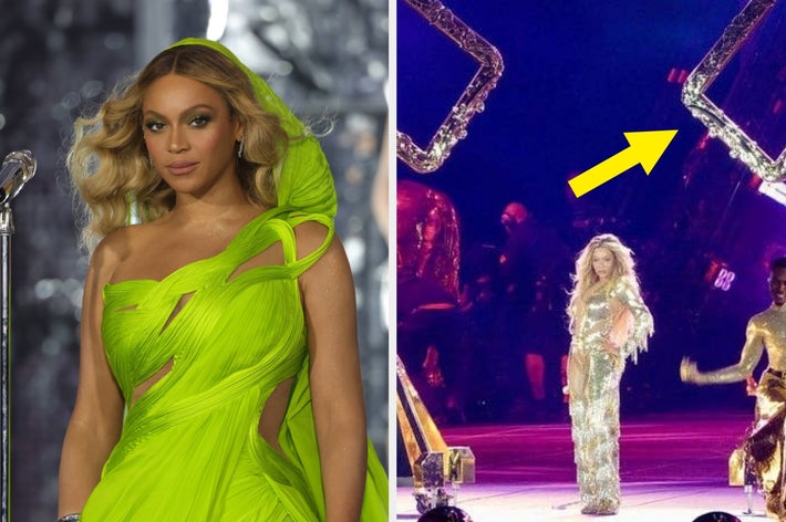 Left: Beyoncé on stage. Right: Beyoncé performing next to a giant framed structure, which an arrow points towards