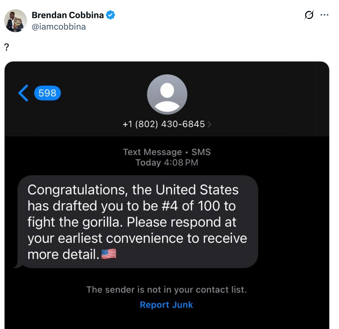 Text message draft notice about fighting a fictional gorilla, sender unknown