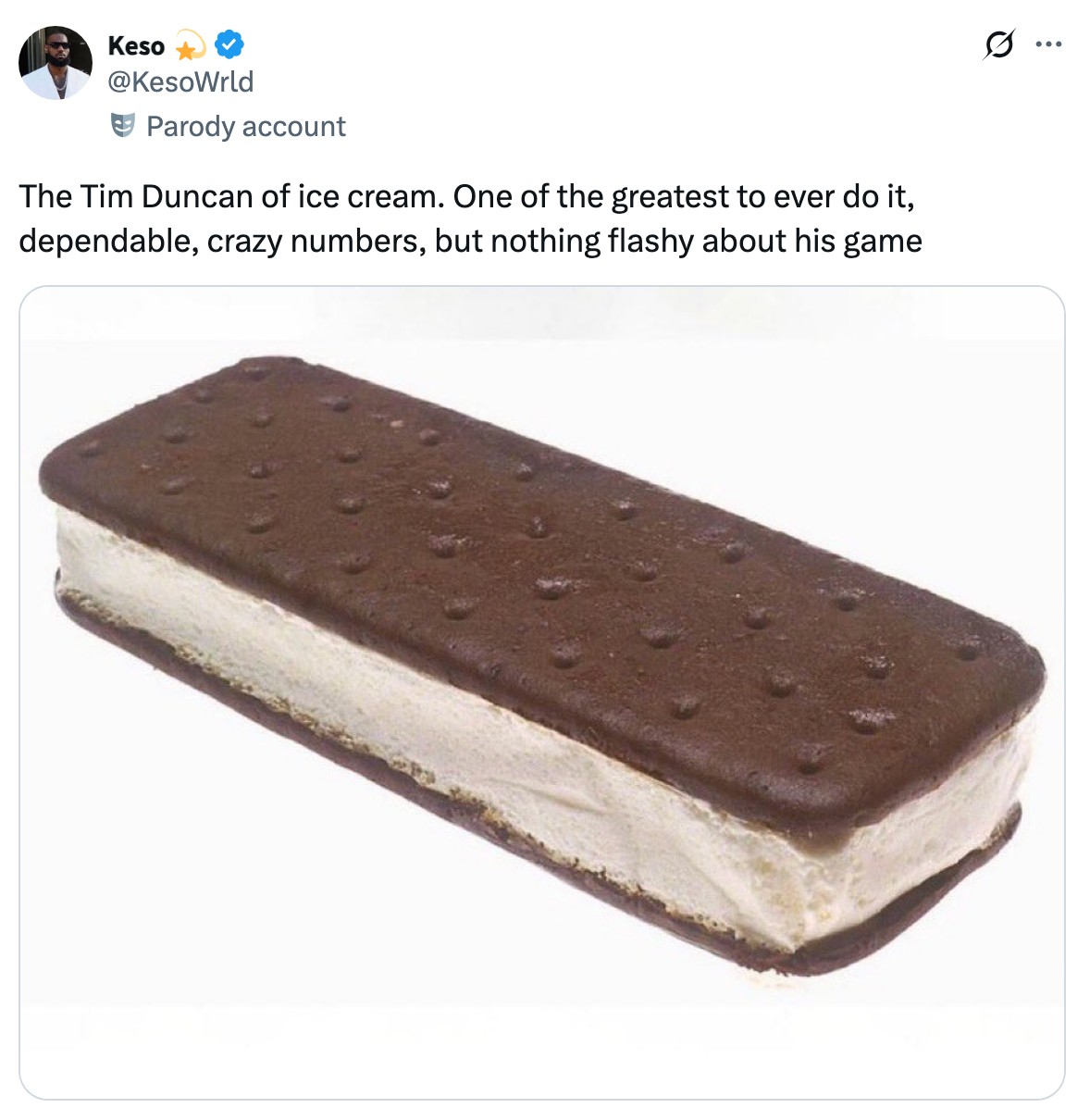 Ice cream sandwich with a tweet comparing it to Tim Duncan's basketball style—reliable and effective, but not flashy