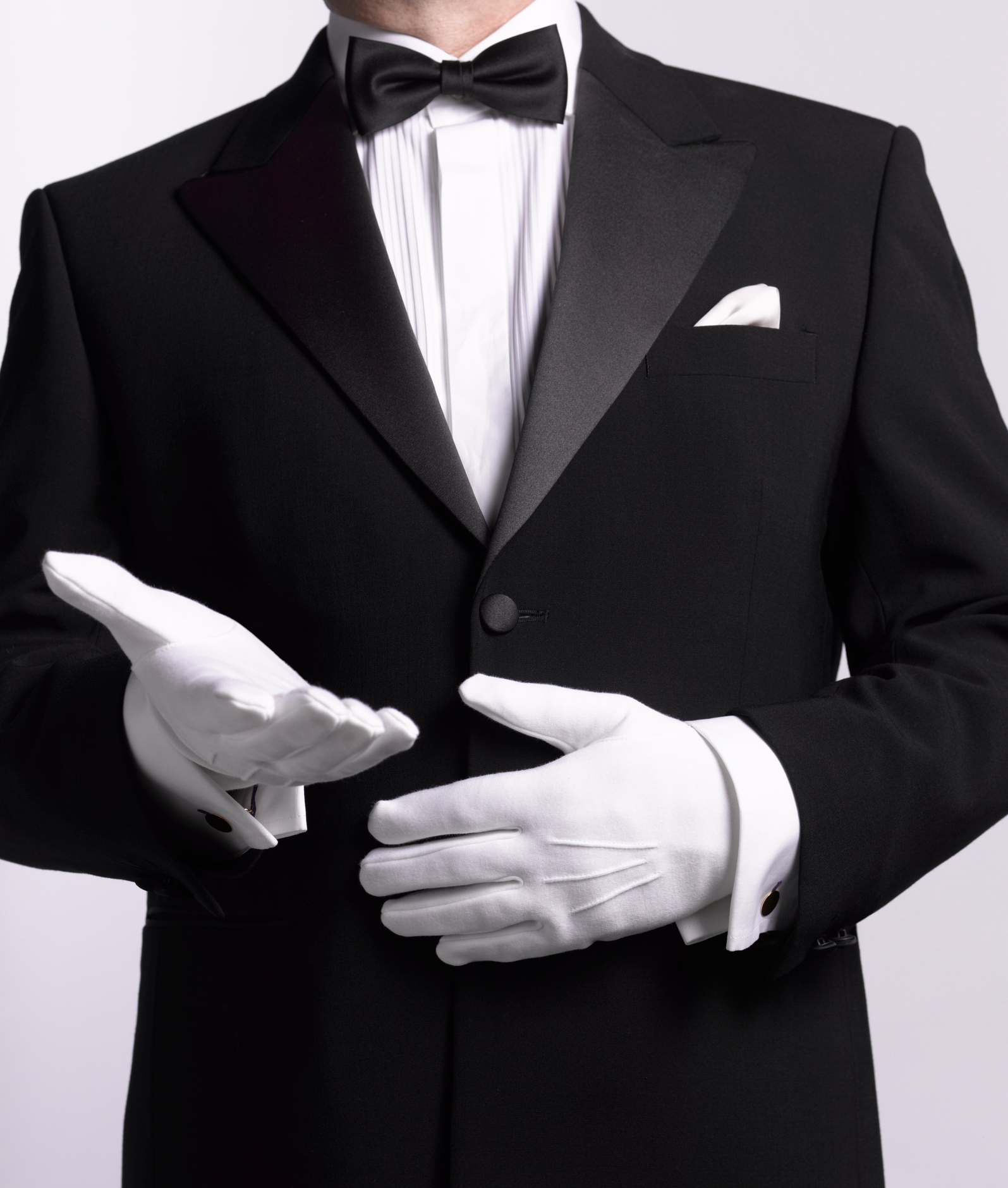Person in a tuxedo with white gloves, presenting a formal and luxurious style