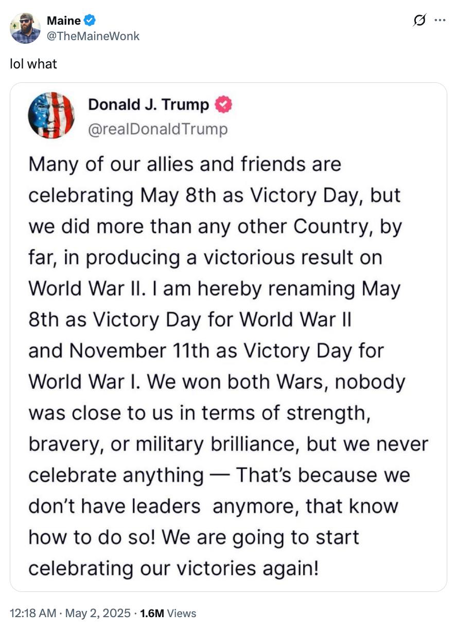 Tweet by Donald Trump announcing renaming May 8th as Victory Day for World War II, emphasizing American contributions