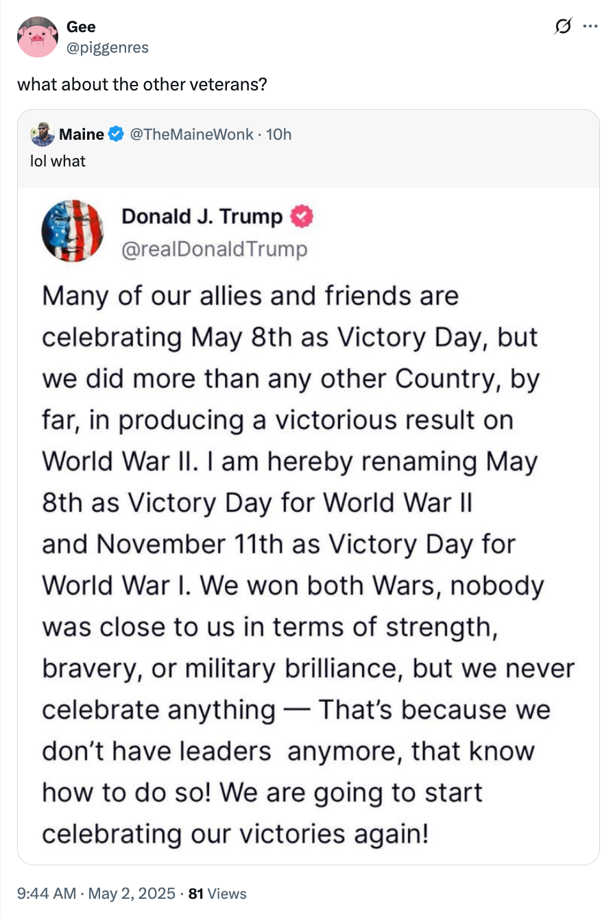 Screenshot of a tweet by Donald J. Trump discussing Victory Day and announcing the renaming of May 8th and 11th for WWII and WWI