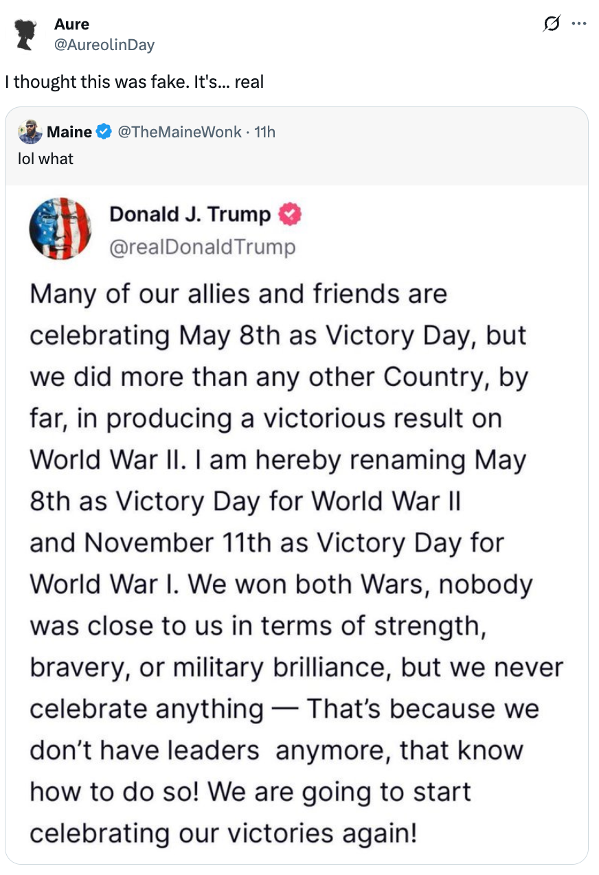 Tweet thread about a parody announcement from a social media account mimicking Donald Trump, claiming May 8th as Victory Day