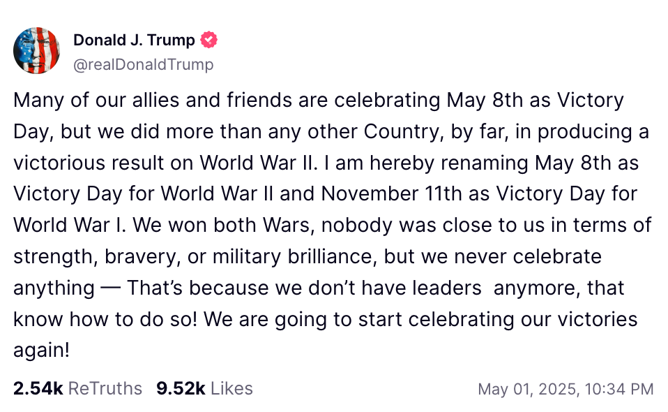 Summary of text content: A person talks about celebrating May 8th as Victory Day, mentions World Wars, and suggests people should start celebrating their victories again