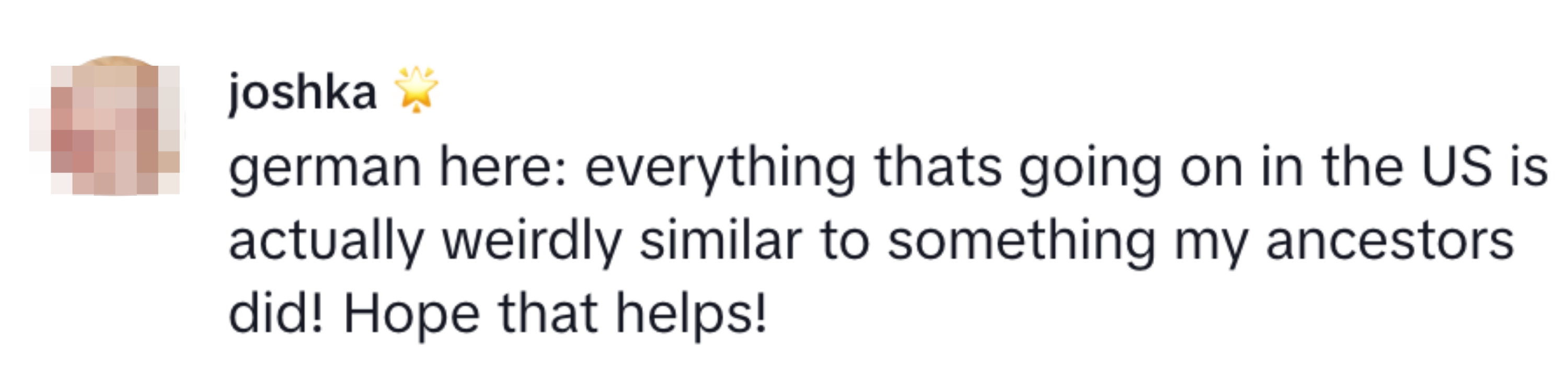 Comment by user "joshka" suggesting similarities between US events and their ancestors' actions, with a sarcastic tone saying, "Hope that helps!"