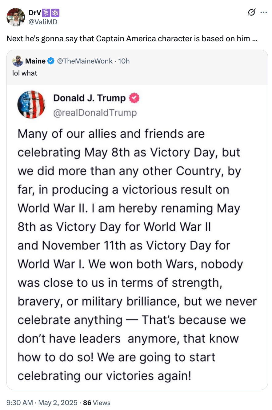 Tweet from Donald Trump suggesting May 8 as Victory Day for post-WWII triumphs, and November 11 as World War Day, calling for celebration