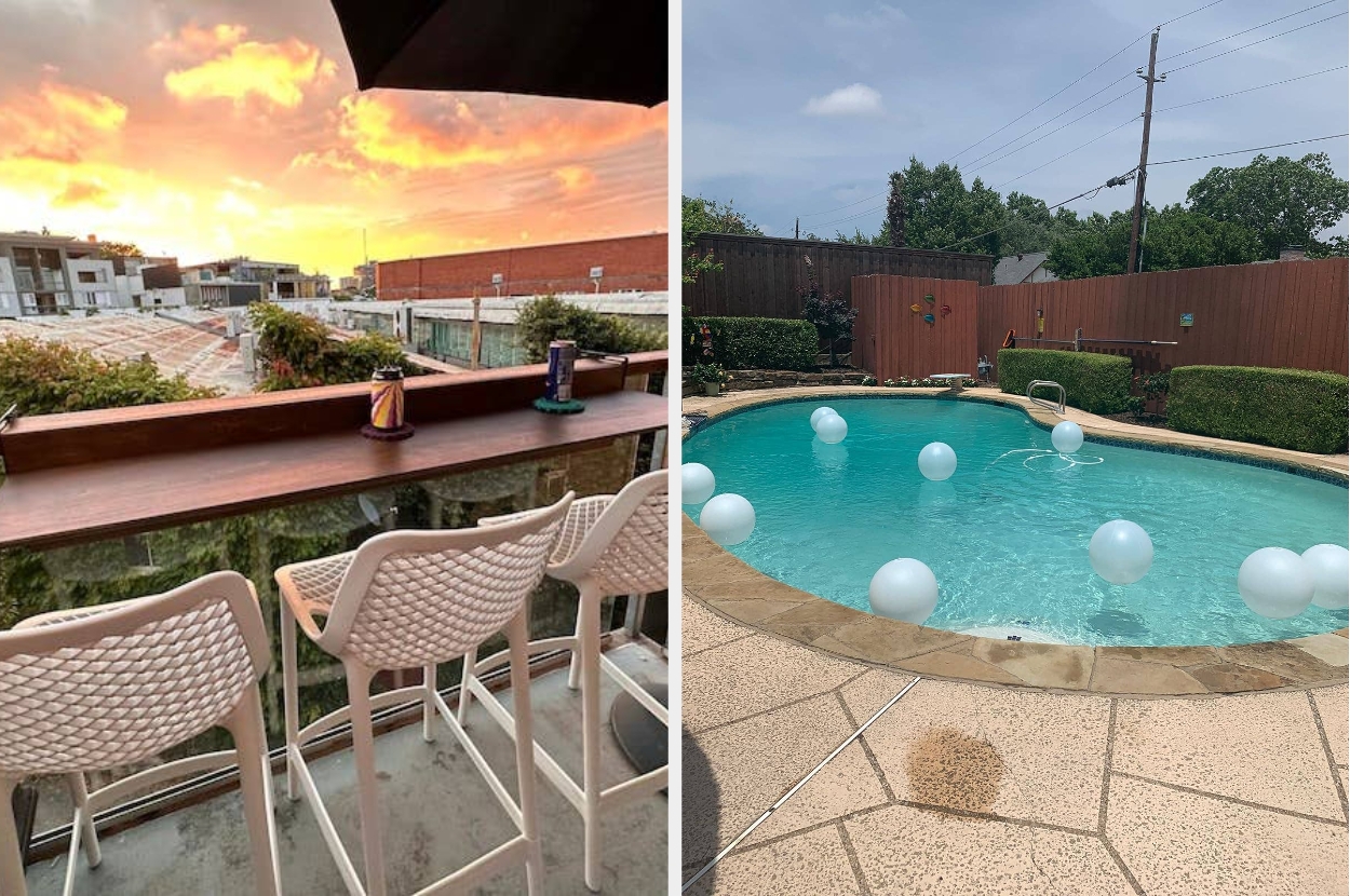 Left: Rooftop view with a sunset over buildings and a bar with stools. Right: Backyard pool surrounded by a fence with white balloons floating