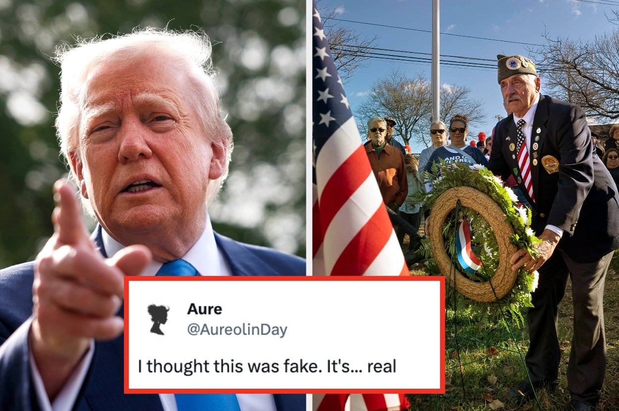 Split image: Left shows a person in a suit pointing, right shows an elderly veteran placing a wreath at a memorial event. Tweet below reads: "I thought this was fake. It’s... real."