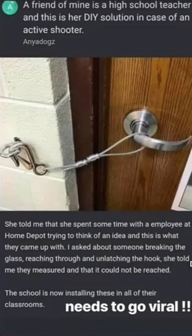 A makeshift door barricade using a cable and hook is shown. Text explains a teacher's DIY solution for active shooter emergencies, prompting viral sharing