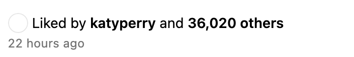 Instagram post showing "Liked by katyperry and 36,020 others," posted 22 hours ago