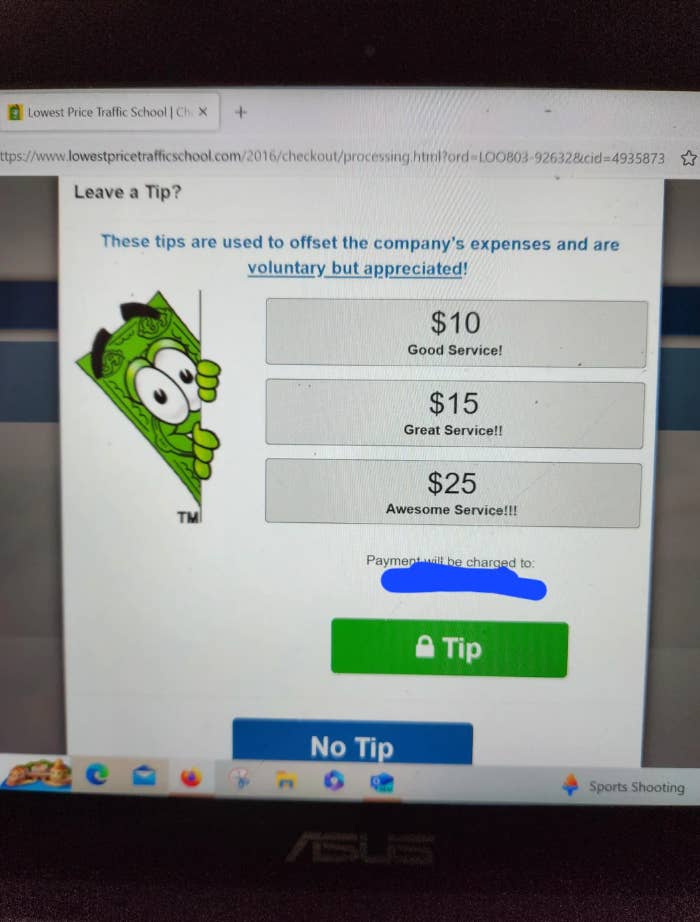 Payment screen with options to tip $10, $15, or $25 for services. A cartoon character is on the left, and a button for "No Tip" is below the options