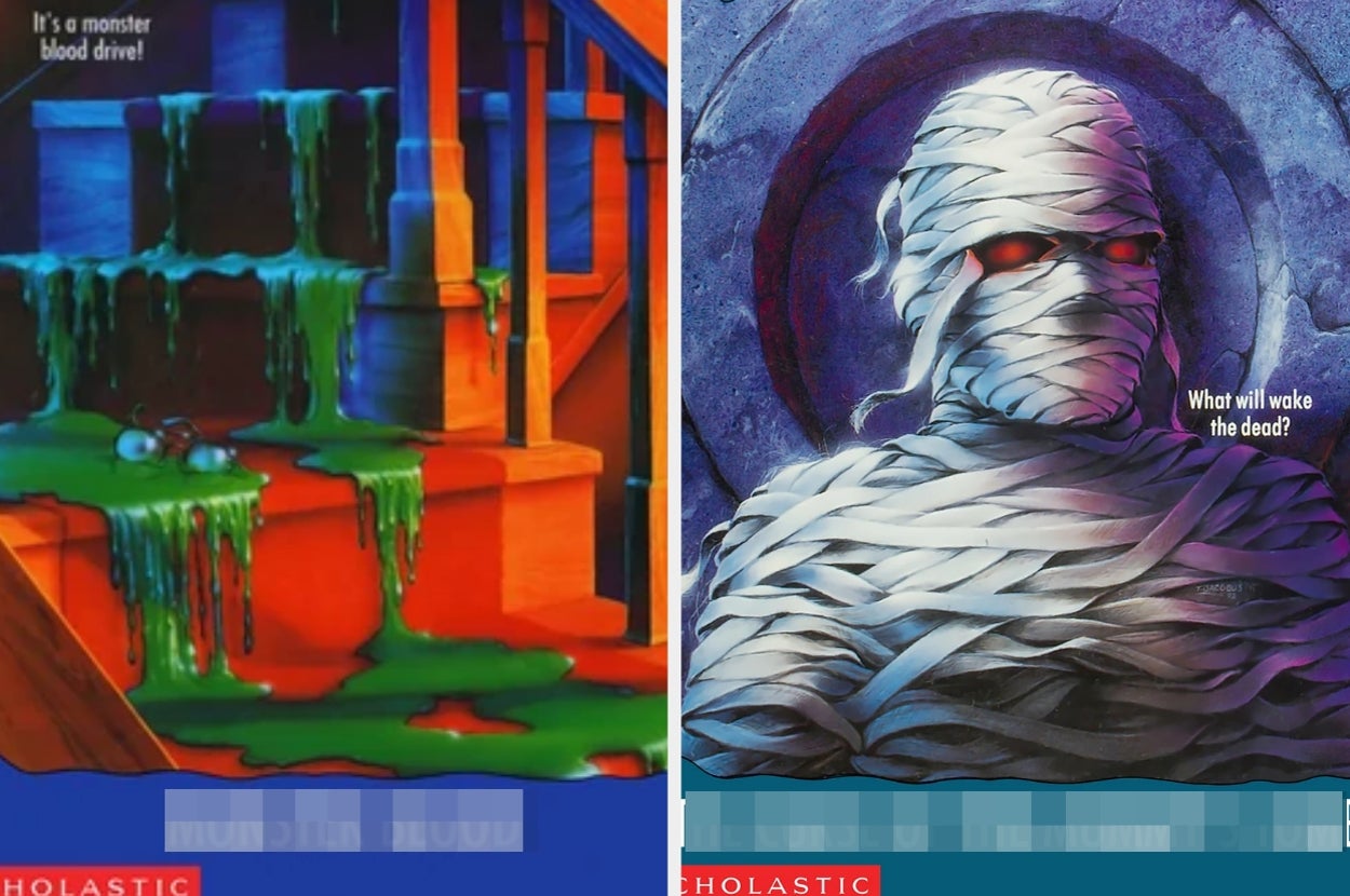 Two "Goosebumps" book covers. Left: Slime on stairs, text "It’s a monster blood drive!" Right: Mummy with glowing eyes, text "What will wake the dead?"
