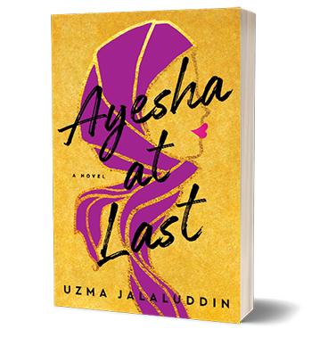 Portada del libro "Ayesha at Last" de Uzma Jalaluddin, mostrando una figura con velo