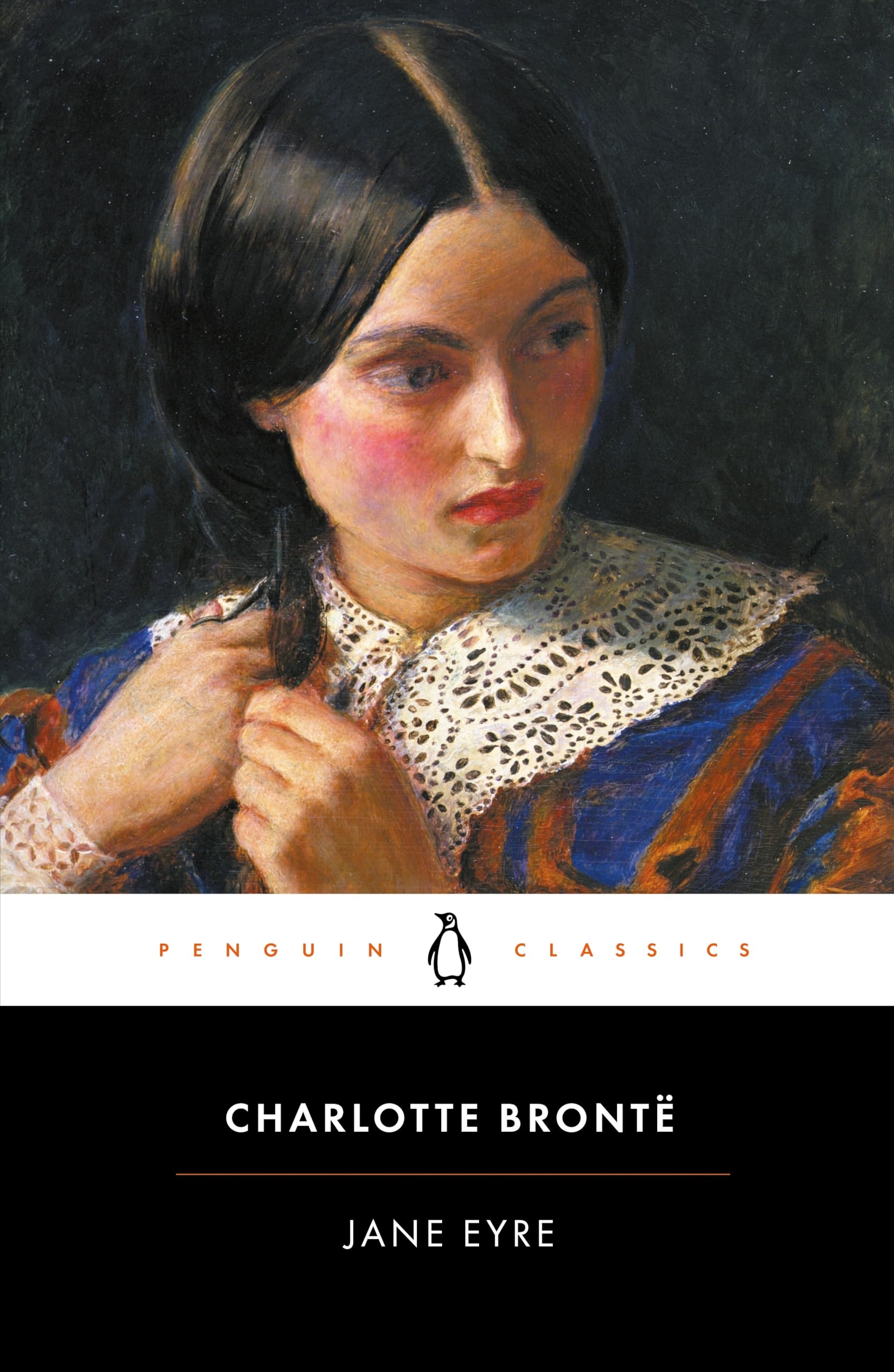Portada del libro "Jane Eyre" de Charlotte Brontë, edición Penguin Classics, con una ilustración de una mujer pensativa