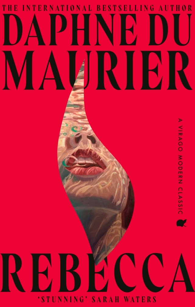 Portada del libro "Rebecca" de Daphne Du Maurier, con un diseño artístico de un rostro femenino integrado en la letra "R"