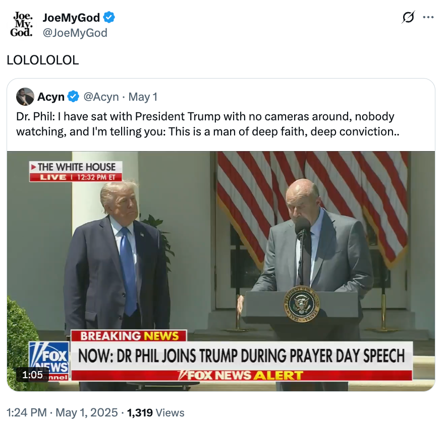 Tweet with a screenshot from a news broadcast showing Dr. Phil and a former U.S. president at a podium. The caption reads: "LOLOLOLOL."