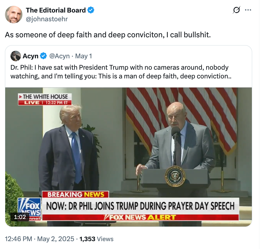 Tweet by @johnastoehr calls out Dr. Phil's praise of Trump. Screenshot shows Dr. Phil at a podium with Fox News alert headline: "Dr. Phil joins Trump."
