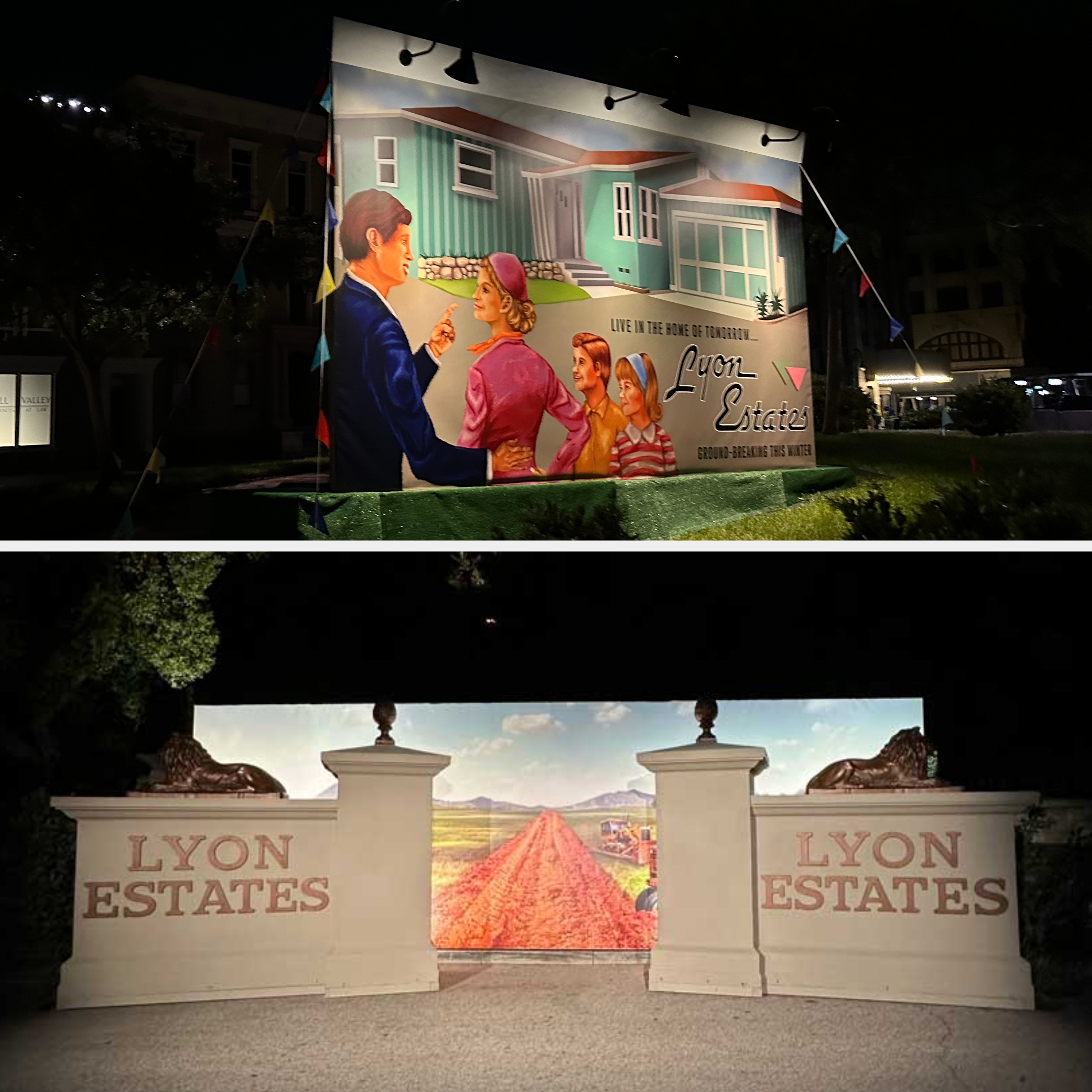 Two images: A retro-style billboard for &quot;Lyon Estates&quot; with a family; entrance gate for &quot;Lyon Estates&quot; featuring landscape art in the background