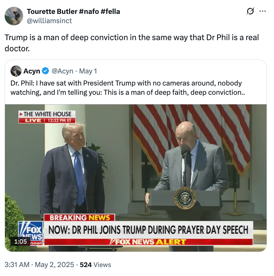 A news clip shows a joking tweet about Dr. Phil's credibility compared to Trump's conviction, with a Fox News graphic of a speech in the background