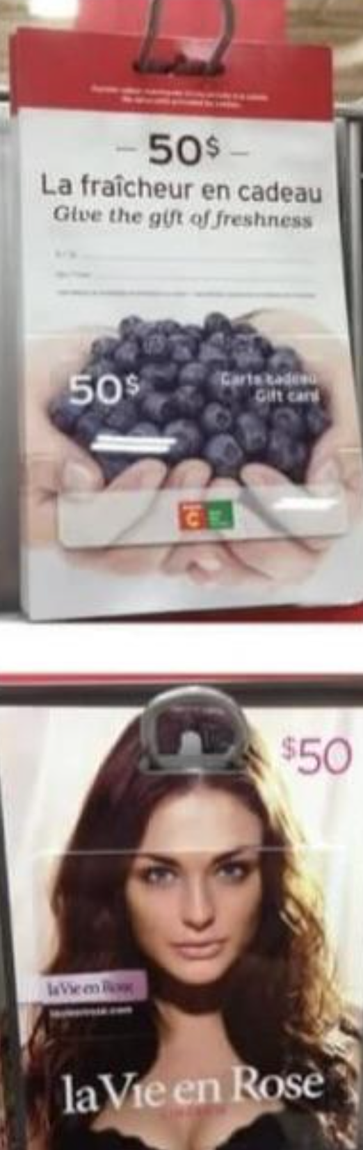 Gift cards displayed on a shelf: One features blueberries with "Give the gift of freshness," another shows a model and text "La Vie en Rosée" for $50